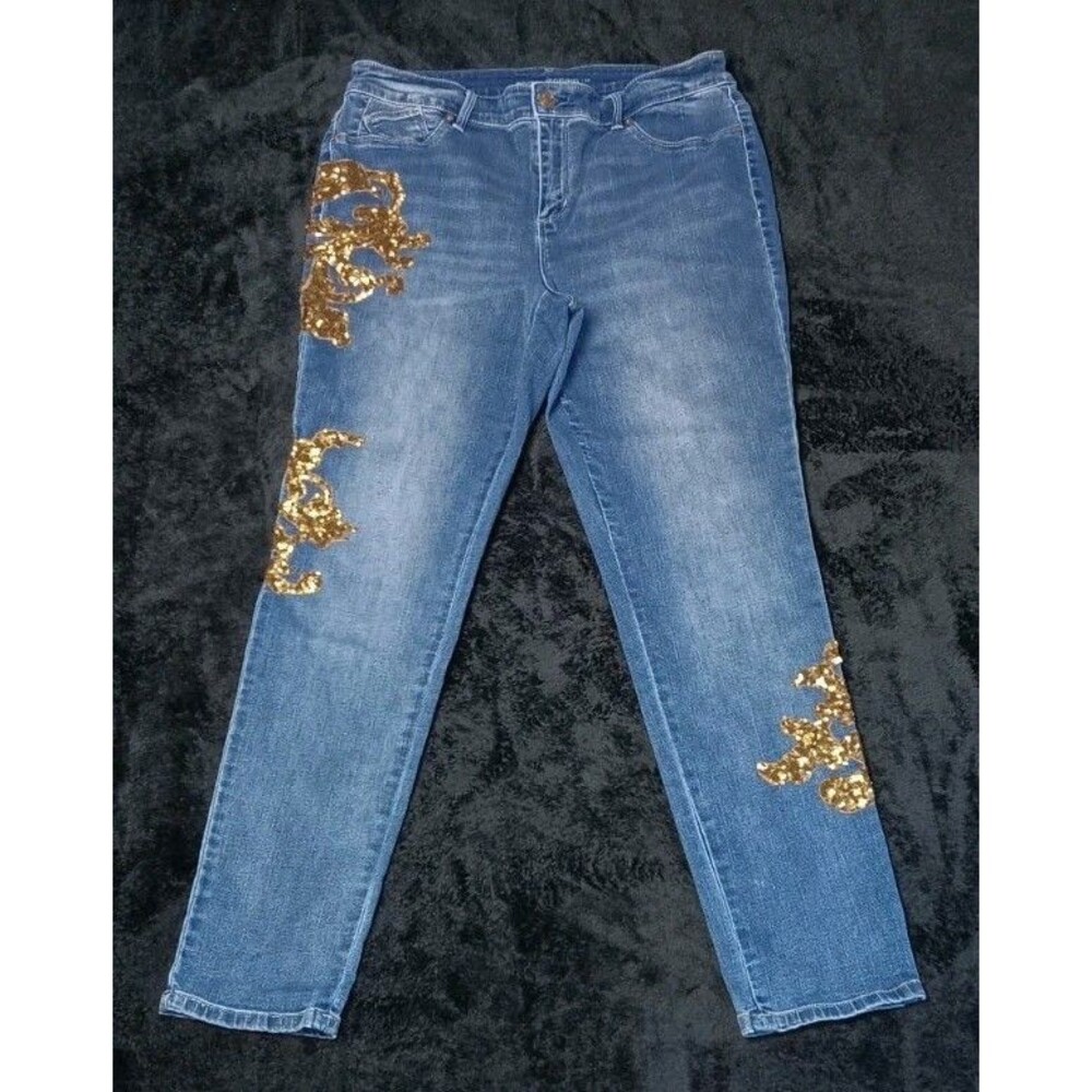 Chicos Platinum Jegging Jeans 1.5 Blue Gold Sequin Embellished Maximalist Glam